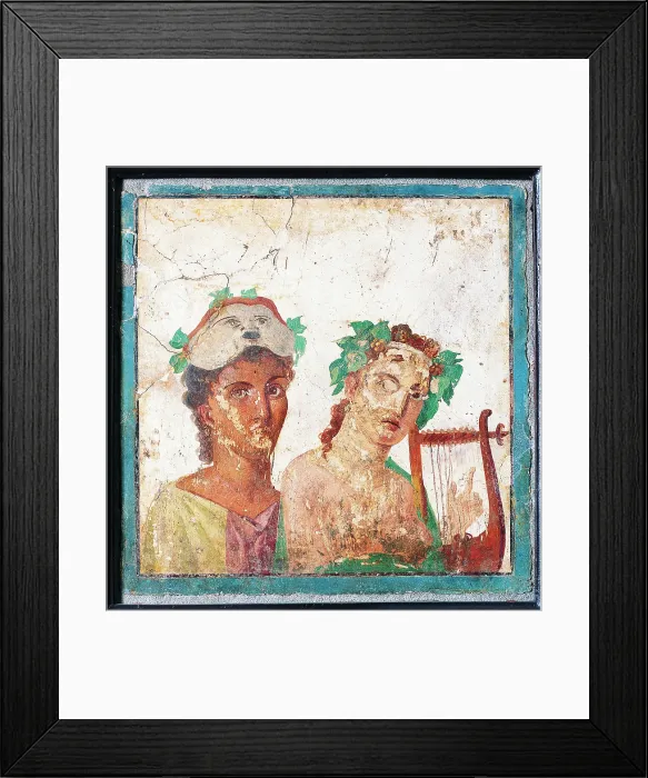 Framed Print : Couple with Masks, by unknown artist, 45-79, 1st Century A.D. ripped fresco, 46 x 46 cm - Italy, Campania, Naples, National Archaeological Museum, Room LXVIII, inv. 9079 Framed Print : Couple with Masks, by unknown artist, 45-79, 1st Century A.D. ripped fresco, 46 x 46 cm - Italy, Campania, Naples, National Archaeological Museum, Room LXVIII, inv. 9079