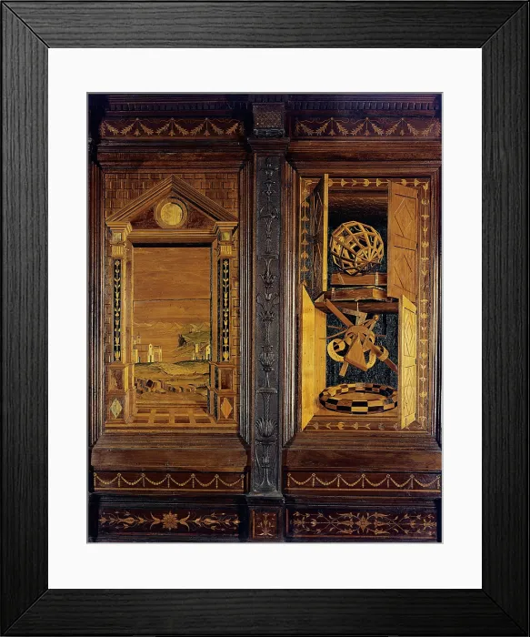 Framed Print : Giocondo da Verona Giovanni Fra, Inlaid of Monteoliveto Abbey choir, 16th Century, wooden tarsias, Italy, Tuscany, Chiusure, Siena, Monte Oliveto Maggiore Abbey