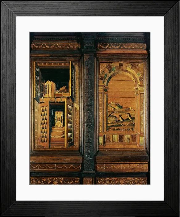 Framed Print : Giocondo da Verona Giovanni Fra, Inlaid of Monteoliveto Abbey choir, 16th Century, wooden tarsias, Italy, Tuscany, Chiusure, Siena, Monte Oliveto Maggiore Abbey
