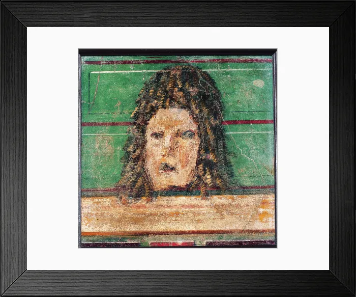 Framed Print : Mask (Maschera), by unknown artist, 1st Century B.D. ripped fresco, 38 x 38 cm - Italy, Campania, Naples, National Archaeological Museum, Room LXIX, inv. 9854 Framed Print : Mask (Maschera), by unknown artist, 1st Century B.D. ripped fresco, 38 x 38 cm - Italy, Campania, Naples, National Archaeological Museum, Room LXIX, inv. 9854