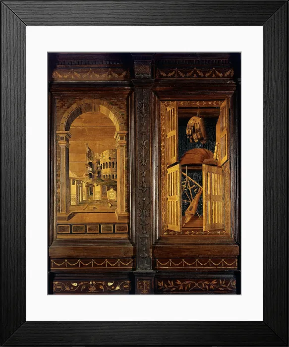 Framed Print : Giocondo da Verona Giovanni Fra, Inlaid of Monteoliveto Abbey choir, 16th Century, wooden tarsias, Italy, Tuscany, Chiusure, Siena, Monte Oliveto Maggiore Abbey