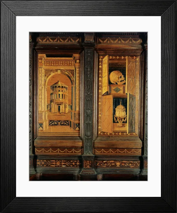 Framed Print : Giocondo da Verona Giovanni Fra, Inlaid of Monteoliveto Abbey choir, 16th Century, wooden tarsias, Italy, Tuscany, Chiusure, Siena, Monte Oliveto Maggiore Abbey