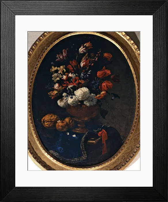 Framed Print : Cittadini Pier Francesco, Flowerpot with Chrysanthemums, Narcissuses, Tulips and Fruits (apple, pomegranate pumpkin) on a Table Covered with a Fringe-edged Rug, 1670 - 1680
