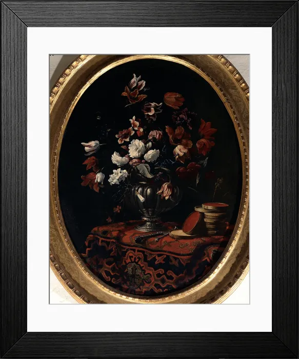 Framed Print : Cittadini Pier Francesco, Flowerpot with Roses, Peonies and Tulips, Cutlery and Sweets on a Table Covered with an Oriental Rug, 1670 - 1680, 17th Century, oil on oval canvas Framed Print : Cittadini Pier Francesco, Flowerpot with Roses, Peonies and Tulips, Cutlery and Sweets on a Table Covered with an Oriental Rug, 1670 - 1680, 17th Century, oil on oval canvas