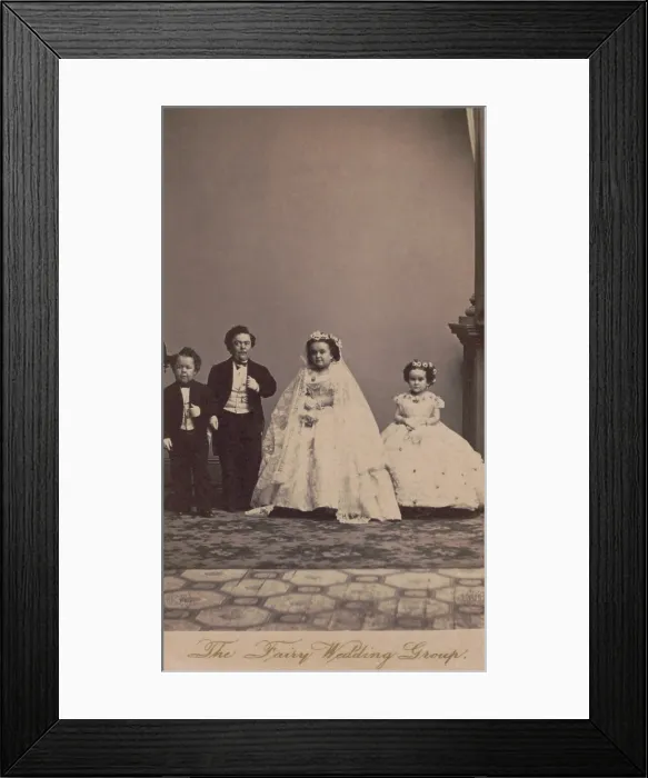 Framed Print : The Fairy Wedding Group, Tom Thumb and his bride Lavinia, flanked by Commodore McNutt and Minnie Warren. They were part of P.T. Barnums Museum and traveling show