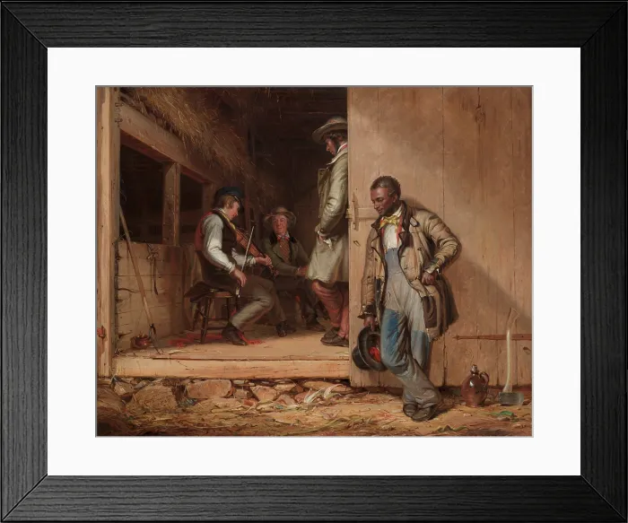 Framed Print : The Power of Music, by William Sidney Mount, 1847. From outside a Long Island barn, an African American laborer listens to a fiddle tune enjoyed by white men