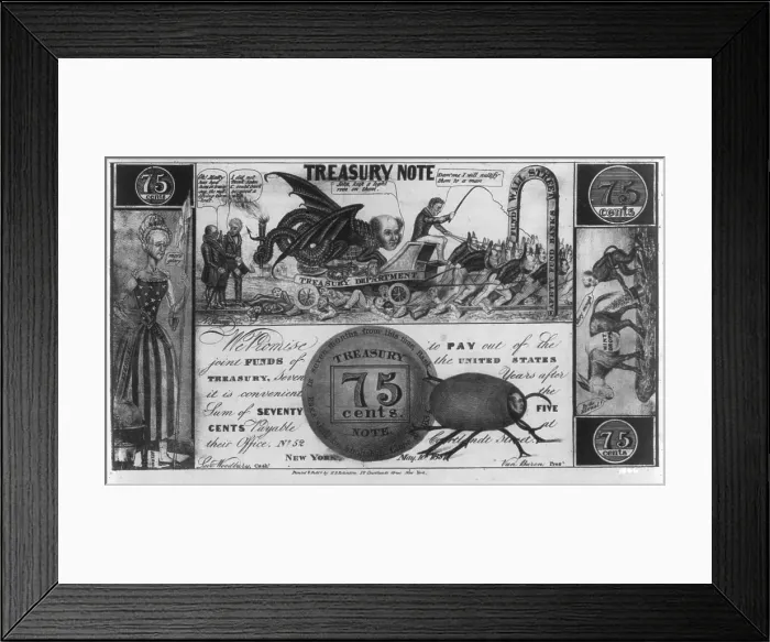Framed Print : The Panic of 1837. Political cartoon mocking temporary bank notes. 1837