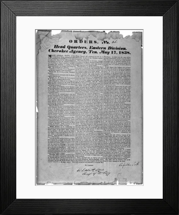 Framed Print : Indian Removal. Bill of orders announces the US Army's enforcement of the Indian Removal Act against Cherokee tribes of the east coast. 1838 Framed Print : Indian Removal. Bill of orders announces the US Army's enforcement of the Indian Removal Act against Cherokee tribes of the east coast. 1838
