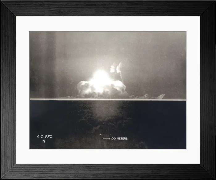 Framed Print : First Atomic Explosion on July 16, 1945. Photograph taken at 4 seconds after the initial Trinity detonation shows the beginning of the Mushroom cloud
