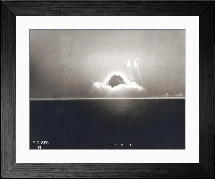 Framed Print : First Atomic Explosion on July 16, 1945. Photograph taken at 2 seconds after the initial Trinity detonation shows the beginning of the Mushroom cloud