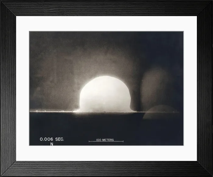 Framed Print : First Atomic Explosion on July 16, 1945. Photograph taken at.006 seconds after the detonation shows a plasma dome. Manhattan Project, World War 2. Alamogordo, New Mexico