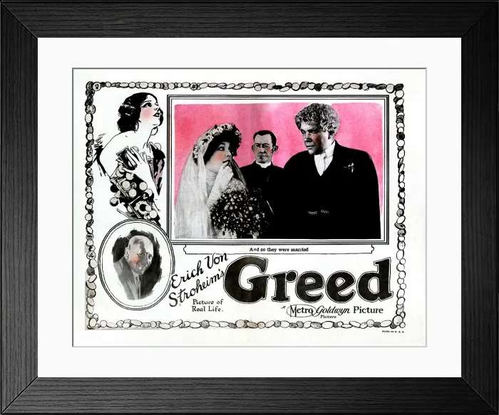 Framed Print : GREED, bottom left: Erich Von Stroheim, inset, from left: Zasu Pitts, William Barlow, Gibson Gowland on lobbycard, 1924 Framed Print : GREED, bottom left: Erich Von Stroheim, inset, from left: Zasu Pitts, William Barlow, Gibson Gowland on lobbycard, 1924
