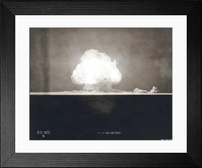Framed Print : First Atomic Explosion on July 16, 1945. Photograph taken at 9 seconds after the initial Trinity detonation shows the Mushroom cloud. Manhattan Project, World War 2