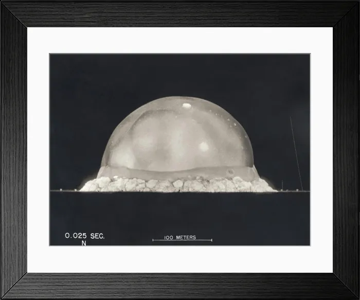 Framed Print : First Atomic Explosion on July 16, 1945. Photograph taken at.025 seconds after the Trinity initial detonation shows a plasma dome. Manhattan Project, World War 2