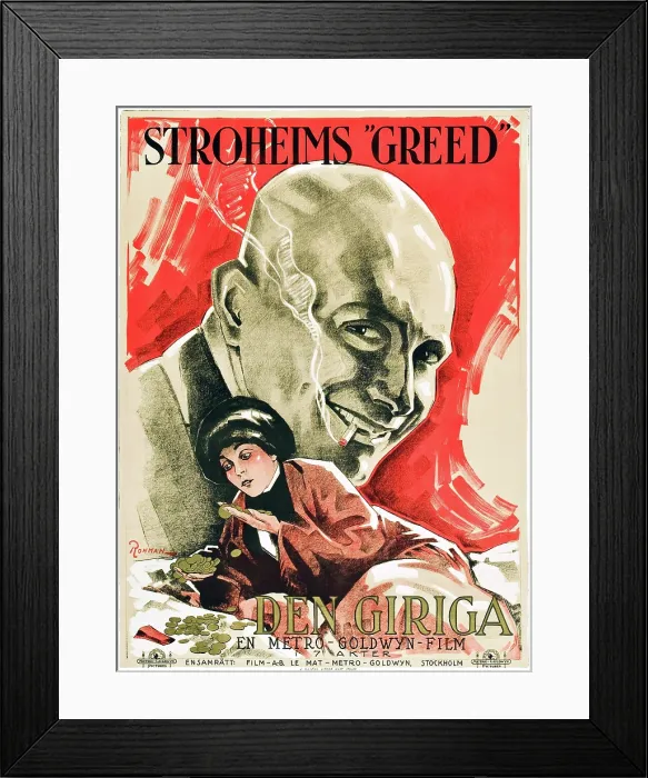 Framed Print : GREED, top: Erich Von Stroheim, bottom: Zasu Pitts on Swedish poster art, 1924