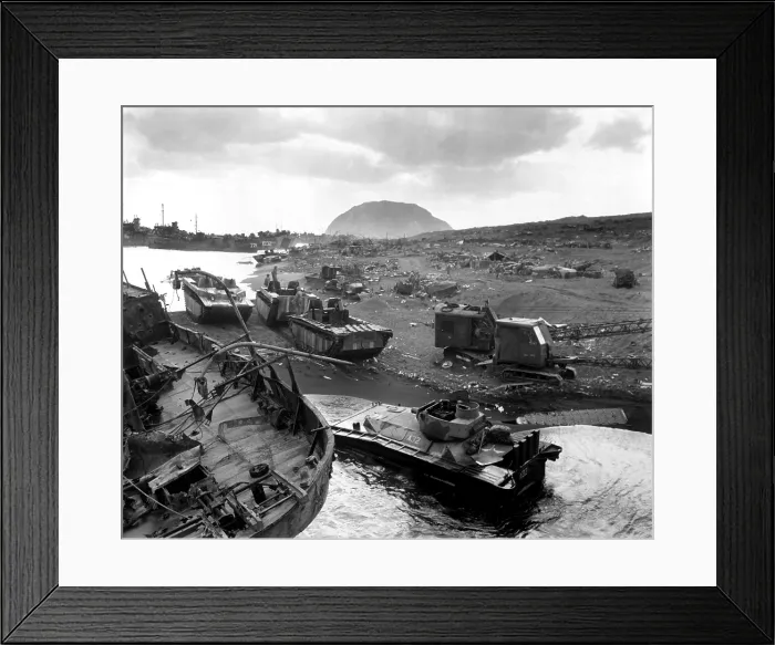 Framed Print : Vehicles of war knocked out on the black sands of the volcanic island of Iwo Jima. They were smashed by Japanese mortar and shellfire. Ca. March 1945. World War 2 Framed Print : Vehicles of war knocked out on the black sands of the volcanic island of Iwo Jima. They were smashed by Japanese mortar and shellfire. Ca. March 1945. World War 2