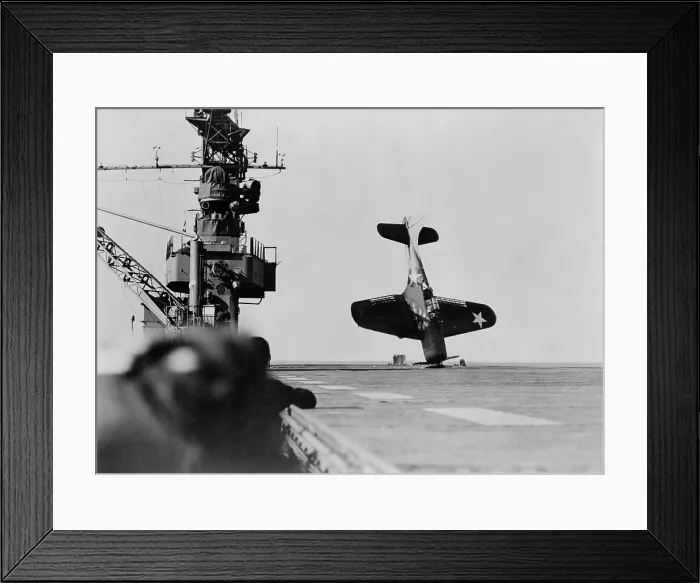 Framed Print : Douglas Dauntless dive bomber balanced on nose after crash landing on carrier flight deck. June 21, 1943. World War 2, Pacific Ocean. (BSLOC_2013_13_4)
