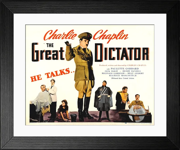 Framed Print : THE GREAT DICTATOR, top: Charlie Chaplin, bottom from left: Maurice Moscovitch, Charlie Chaplin, Paulette Goddard, Jack Oakie, Billy Gilbert, Charlie Chaplin, 1940