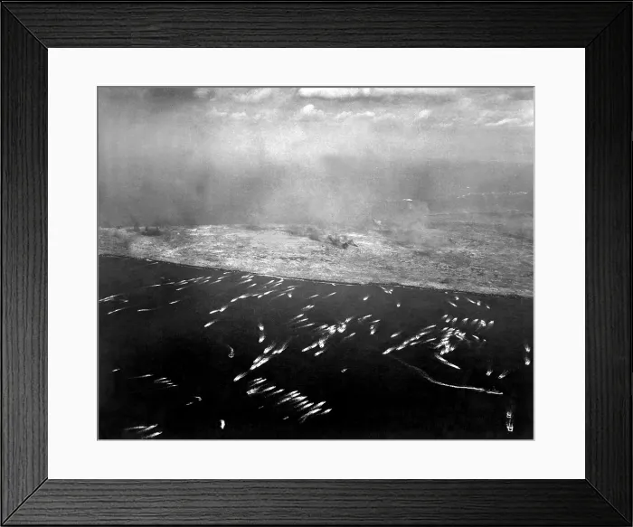 Framed Print : Aerial view of the first wave of landing craft invading Iwo Jima, Feb. 19, 1945. World War 2. (BSLOC_2013_13_49) Framed Print : Aerial view of the first wave of landing craft invading Iwo Jima, Feb. 19, 1945. World War 2. (BSLOC_2013_13_49)