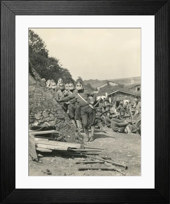 Framed Print : American soldiers standing next to earthen work fortifications, wearing gas masks. France, 1918 (BSLOC_2016_13_158.jpg )