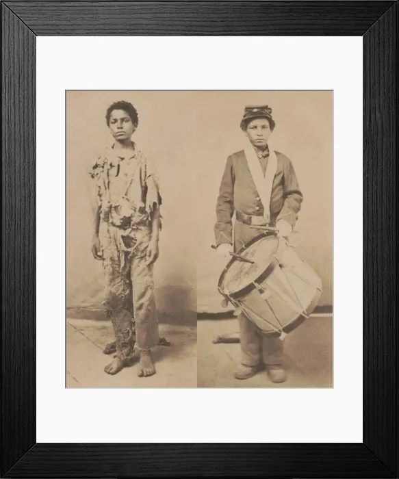 Framed Print : Young African American drummer boy for 78th Colored Troops Infantry, 1864-65. On left, as he appeared when in his slave rags Framed Print : Young African American drummer boy for 78th Colored Troops Infantry, 1864-65. On left, as he appeared when in his slave rags