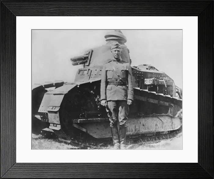Framed Print : Lieut. Col. George S. Patton, Jr. 1st Tank Battalion during WW1. He stands in front of a French Renault tank used by his US tank troops Framed Print : Lieut. Col. George S. Patton, Jr. 1st Tank Battalion during WW1. He stands in front of a French Renault tank used by his US tank troops