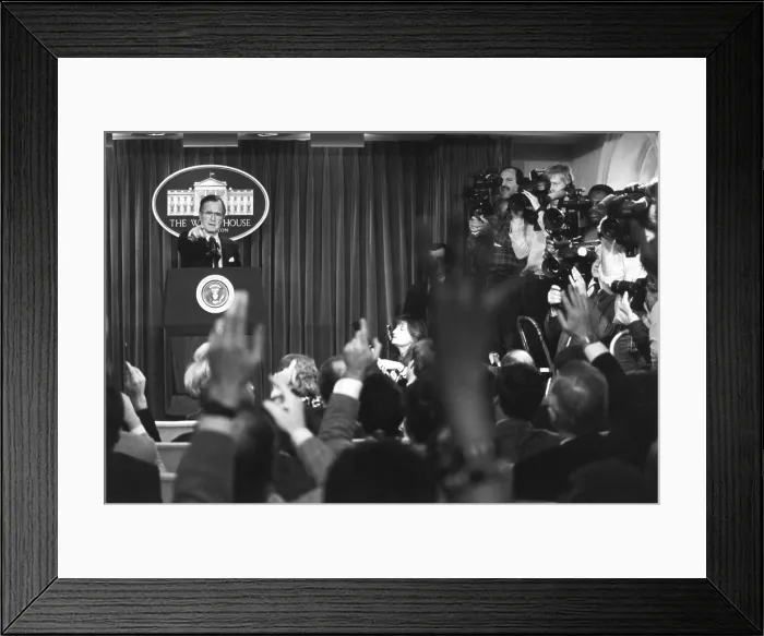 Framed Print : President George H.W. Bush meeting with reporters on Jan. 27, 1989, in his first post inauguration press conference (BSLOC_2021_3_49)