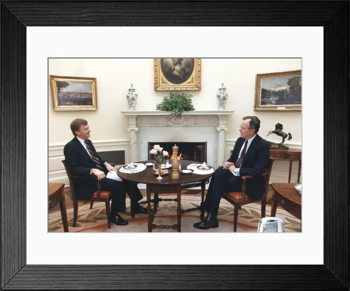 Framed Print : President George H.W. Bush, and Vice President Dan Quayle having the first of their weekly private lunch at the White House, January 23, 1989 (BSLOC_2021_3_48)