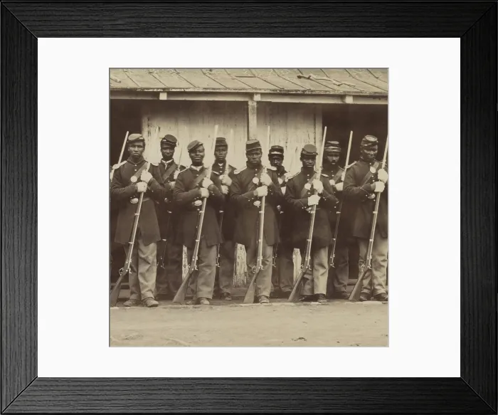 Framed Print : Civil War African American guards of the 107th U.S. Colored Infantry, Nov. 1865. They are standing in front of the Fort Corcoran Guard House in Arlington, VA, Nov