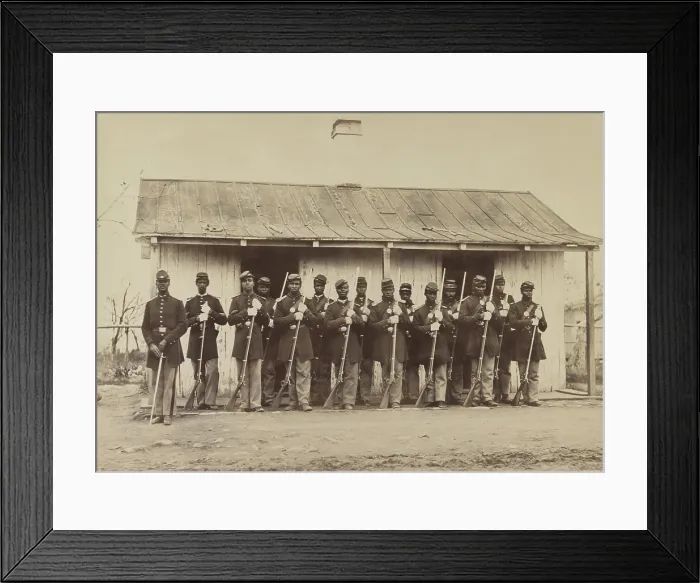 Framed Print : Civil War African American guards of the 107th U.S. Colored Infantry, Nov. 1865. They are standing in front of the Fort Corcoran Guard House in Arlington, VA, Nov Framed Print : Civil War African American guards of the 107th U.S. Colored Infantry, Nov. 1865. They are standing in front of the Fort Corcoran Guard House in Arlington, VA, Nov