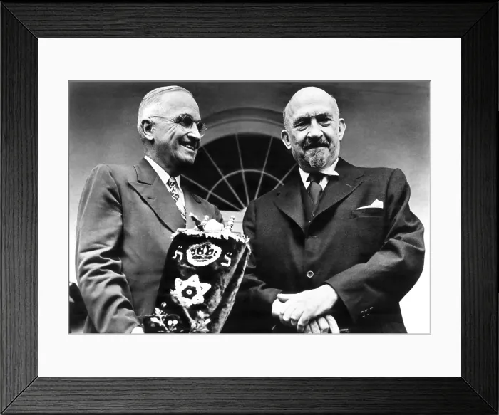 Framed Print : President Truman accepts a Torah from Chaim Weissman, the former Israeli President, for his support of Israeli statehood, May 25, 1948