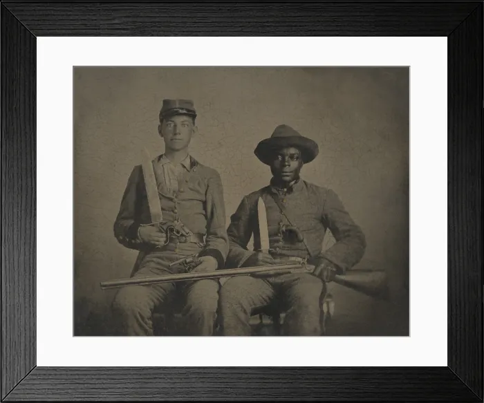 Framed Print : Confederate soldier, Sergeant Andrew Chandler, and a family slave, Silas Chandler, 1861-63. Silas accompanied Andrew during his military service. Later, in Sept Framed Print : Confederate soldier, Sergeant Andrew Chandler, and a family slave, Silas Chandler, 1861-63. Silas accompanied Andrew during his military service. Later, in Sept