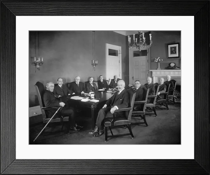 Framed Print : President Woodrow Wilson, with his Cabinet, at the end of his Presidency, c. 1920-1921. L-R: President Wilson; David Houston, Treasury; A