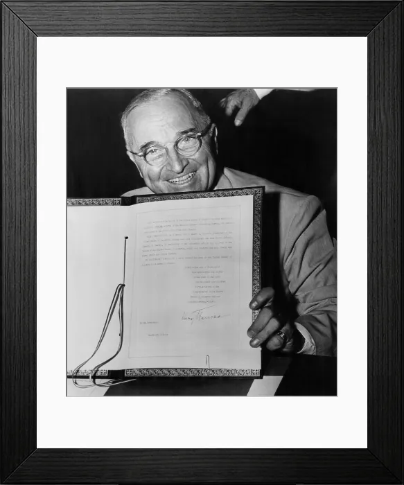 Framed Print : President Truman displays his signature on the ratification of the North Atlantic Treaty, April 4, 1949
