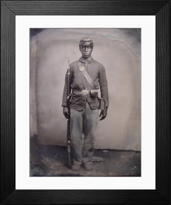 Framed Print : African American Civil War soldier in Union uniform with bayoneted musket, cap box, and cartridge box, 1863-65 (BSLOC_2018_5_123)