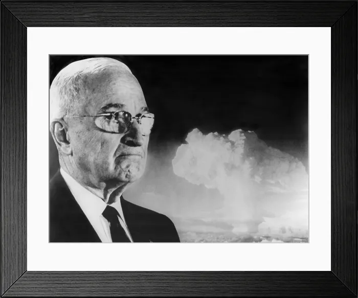 Framed Print : Former President Harry Truman in photomontage with an atomic bomb mushroom cloud