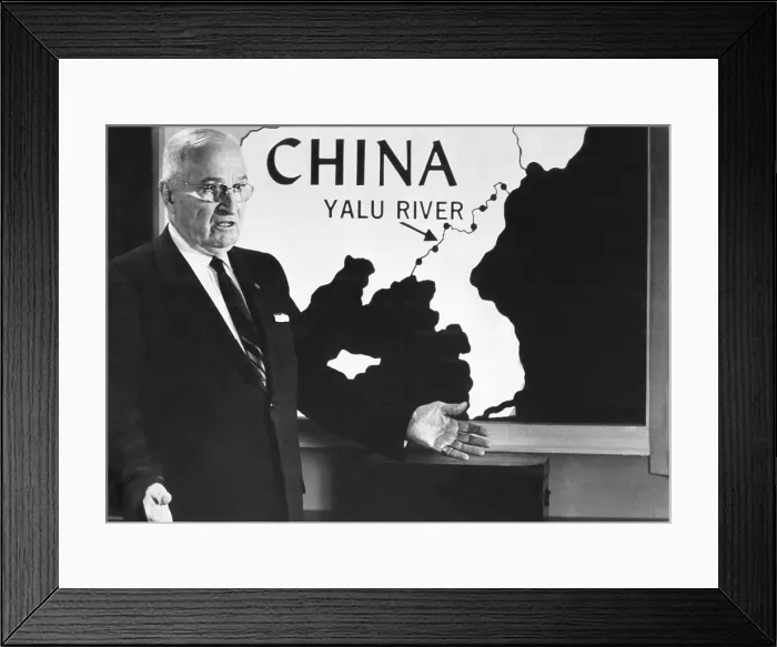 Framed Print : Former President Harry Truman speaks before a map of the Yalu River, which formed the border between North Korea and China