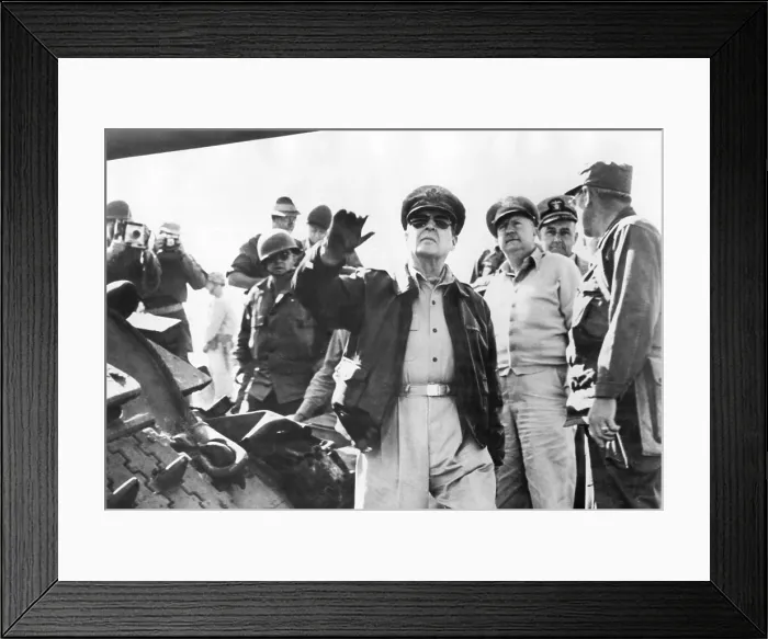 Framed Print : General Douglas MacArthur inspecting troops in the company of other officers and photographers Framed Print : General Douglas MacArthur inspecting troops in the company of other officers and photographers