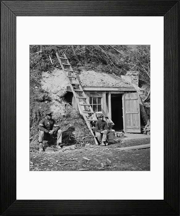 Framed Print : Two African American soldiers at Dutch Gap, Virginia, sitting in front of Major Strongs bomb-proof quarters, Nov. 1864 (BSLOC_2018_5_129) Framed Print : Two African American soldiers at Dutch Gap, Virginia, sitting in front of Major Strongs bomb-proof quarters, Nov. 1864 (BSLOC_2018_5_129)