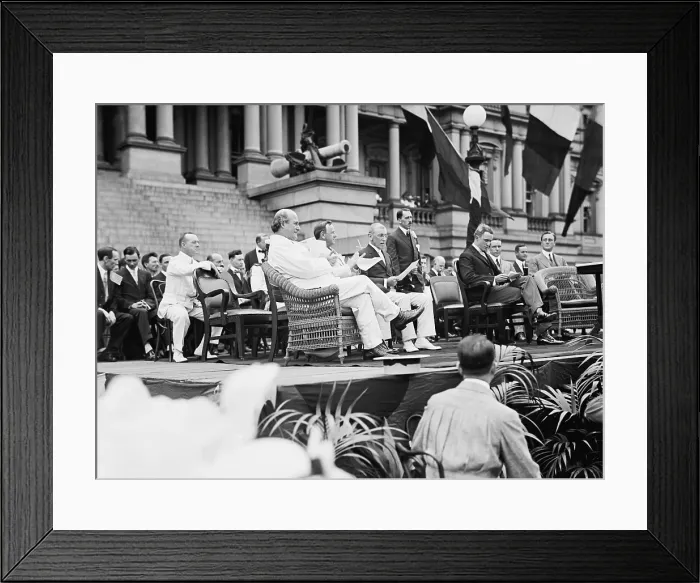 Framed Print : Flag Day Commemoration on the steps of the Navy Building, June 14, 1914. Seated in the front row from left: Sec