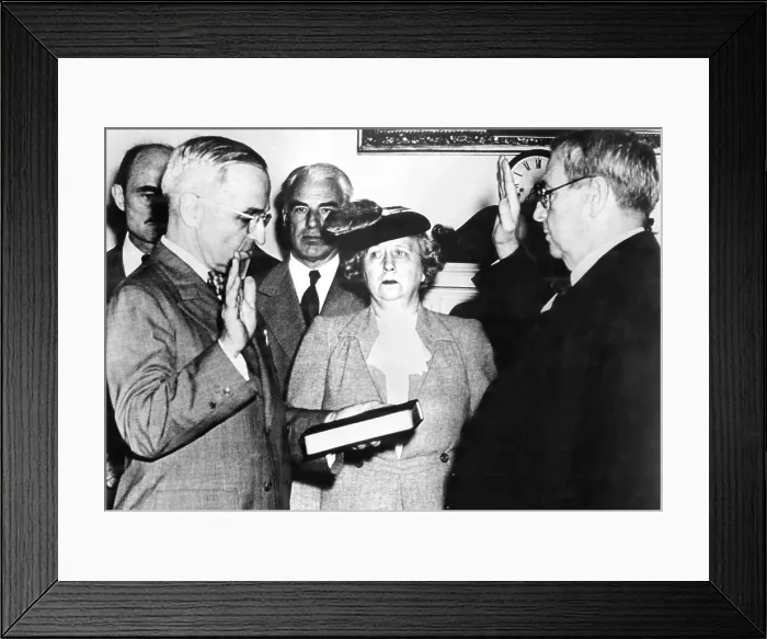 Framed Print : President Harry S. Truman takes the oath of office administered by Chief Justice Harlan F. Stone, in the Cabinet Room of the White House, at 7:00 PM, April 12, 1945 Framed Print : President Harry S. Truman takes the oath of office administered by Chief Justice Harlan F. Stone, in the Cabinet Room of the White House, at 7:00 PM, April 12, 1945