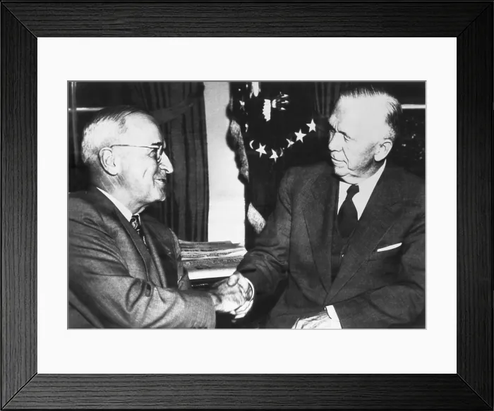 Framed Print : President Harry Truman shakes hands with Sec. of State George Marshall