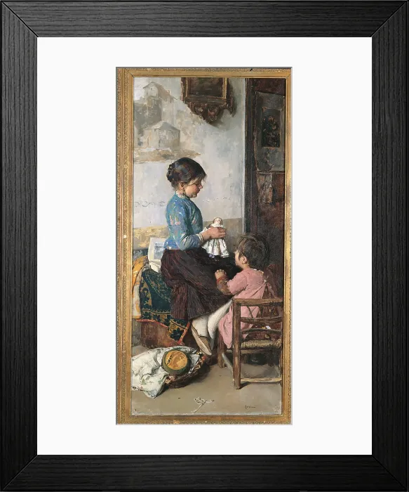 Framed Print : Happy Days, by Luigi Serena, 1884 - 1886, 19th Century, - Italy, Veneto, Treviso, Treviso, Municipal Museum. Genre scene children games doll chairs interior