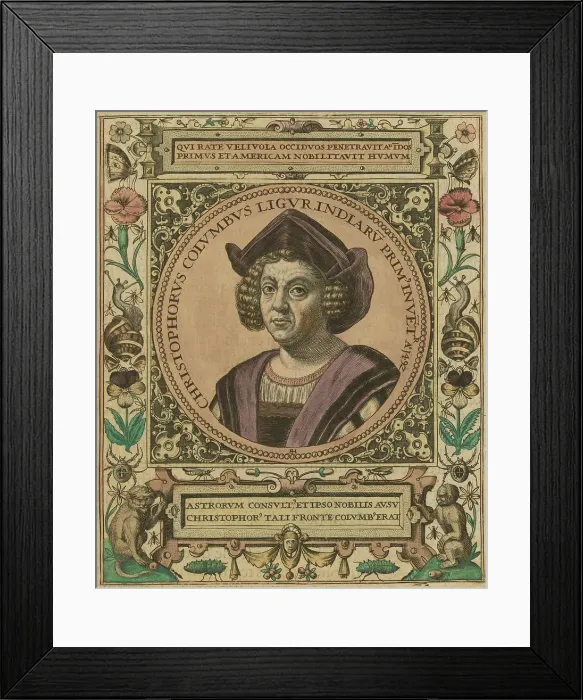 Framed Print : Christopher Columbus portrait decorated with a border of flowers and animals such as monkeys, snails, butterflies, spiders, and insects