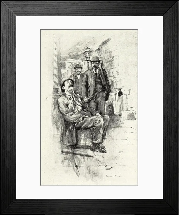 Framed Print : Jacob Riis and Police Commissioner Theodore Roosevelt on a nighttime tour of New York City, 1895. They encounter an on duty NYC Policeman asleep on a barrel in an alley Framed Print : Jacob Riis and Police Commissioner Theodore Roosevelt on a nighttime tour of New York City, 1895. They encounter an on duty NYC Policeman asleep on a barrel in an alley
