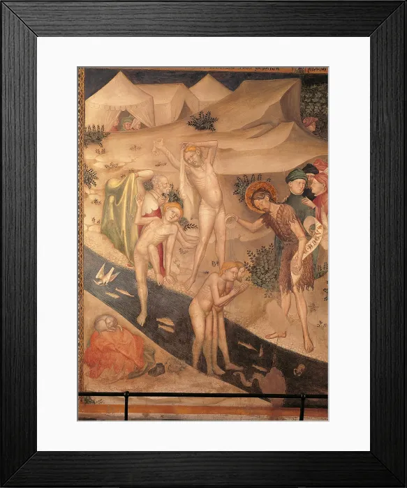 Framed Print : Baptism of Neophytes, by Jacopo Salimbeni, Lorenzo Salimbeni, 1414 - 1416 about, 15th Century, fresco, - Italy, Marche, Pesaro Urbino, Urbino, San Giovanni Battista Oratory