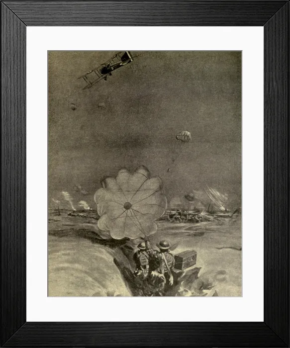 Framed Print : WW1 British airplanes dropped ammunition by parachutes to isolated front lines. 1918. (BSLOC_2012_4_83) Framed Print : WW1 British airplanes dropped ammunition by parachutes to isolated front lines. 1918. (BSLOC_2012_4_83)