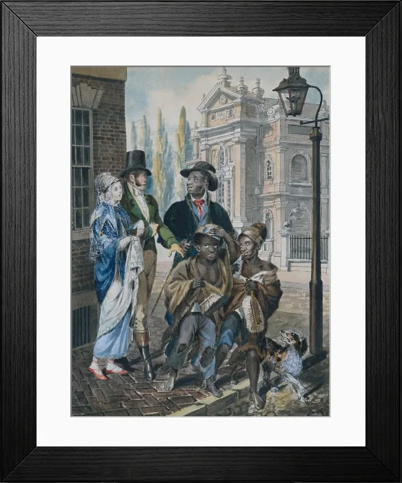 Framed Print : Worldly Folk Questioning Chimney Sweeps Master Before of Christ Church, Philadelphia. Watercolor by John Lewis Krimmel, 1811-13