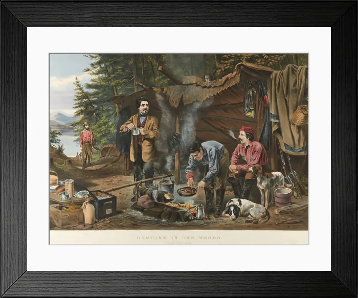 Framed Print : Camping in the Woods, A Good Time Coming, by Currier & Ives. Four well equipped gentlemen are camping in the woods near a lake