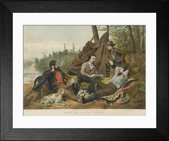 Framed Print : Camping in the Woods, Laying Off, by Currier & Ives. Four gentlemen campers relaxing with the bounty of their days shooting and fishing (BSLOC_2019_7_201)